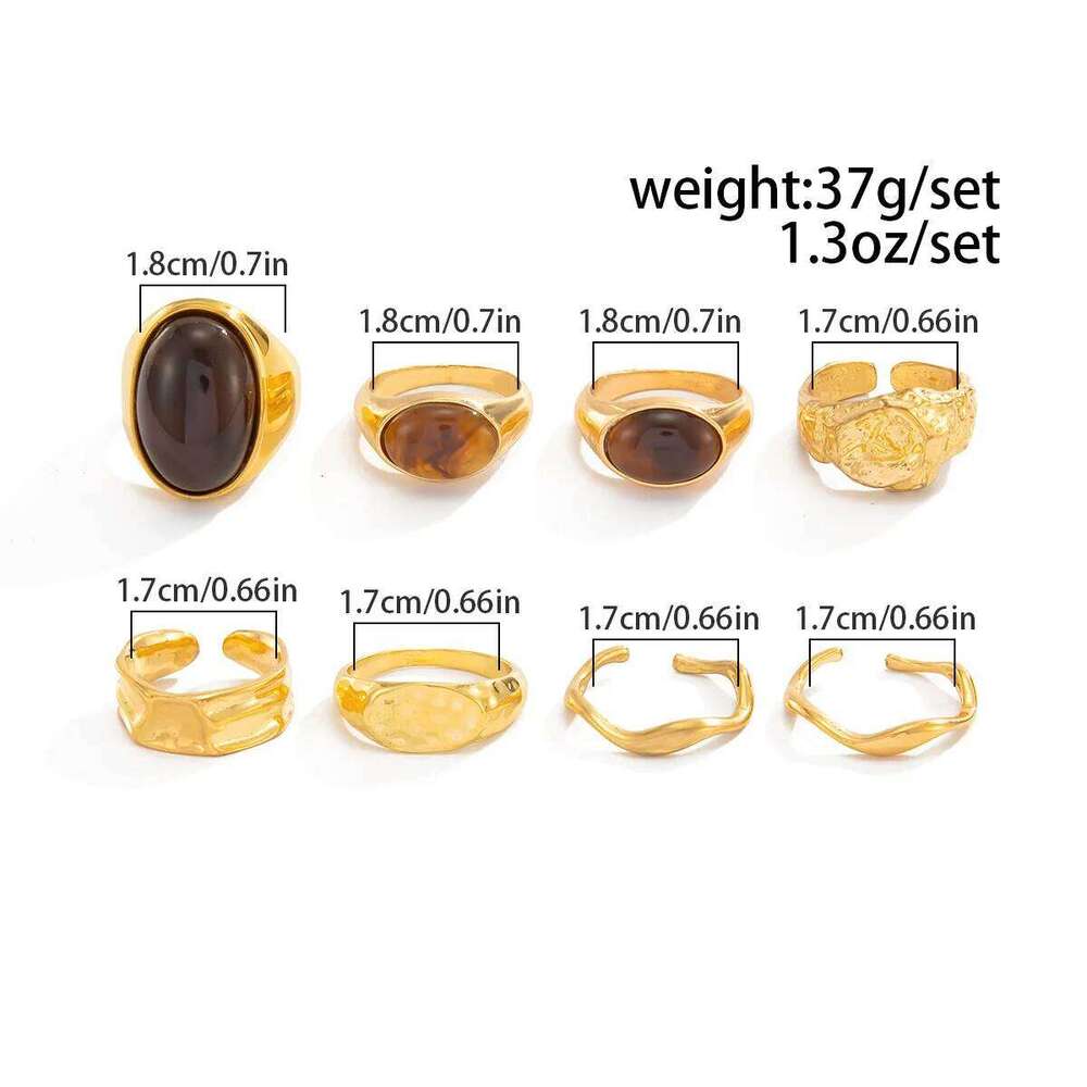 8Pcs/Set Vintage Brown Stone Open for Women Geometric Irregular Texture Index Finger Rings Set Simple Jewelry Accessories