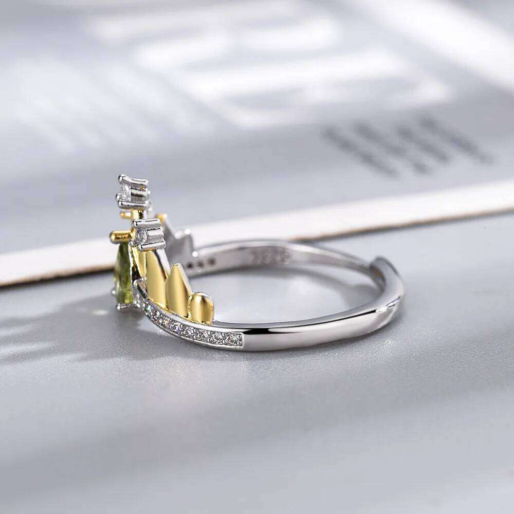 Princess Crown Ring, Jewelry For Women ,Trendy Wedding Party Accessories,Sier Plated ,Adjustable, Green Zircon , Ring Gifts