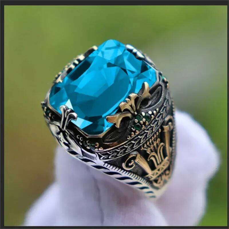 Retro Handmade Turkish Signet Rings for Men Ancient Sier Color Carved Mystic Zircon Inlay New Punk Motor Biker Ring