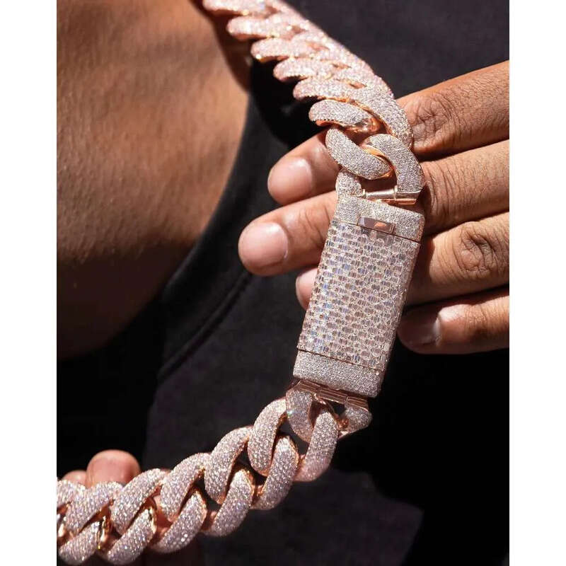 Aaa Gems Necklace 18mm 20mm Sier 10k/14k/ Gold Plating Moissanite 4 Rows Prong Iced Out Vvs Miami Cuban Link Chain