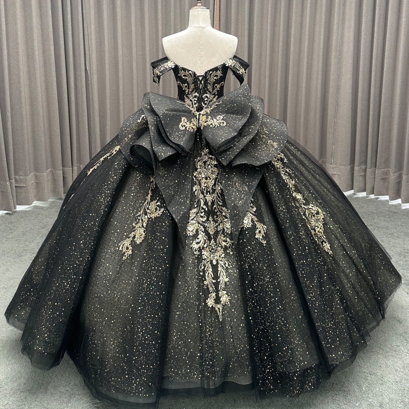 Black Shiny Quinceanera Dresses Off The Shoulder Sequin Applique Lace Bow Beading Crystal Tull Party Birthday Sweet 16 Dress Vestidos 15 De Anos