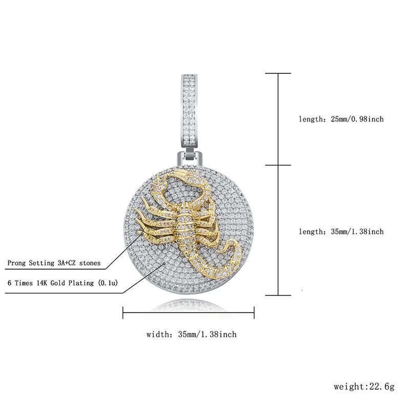 New Trendy Hip Hop Gold Sier Color Prong Setting CZ Scorpion Pendant Necklace with 24inch Rope Chain for Men Women
