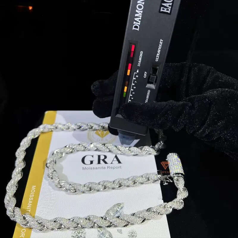 Hip Hop Custom Iced Out Sterg Sier Vvs Moissanite White Gold Plated Rope Chain Tennis Chains Jewelry Unisex Dia Twisted Necklace