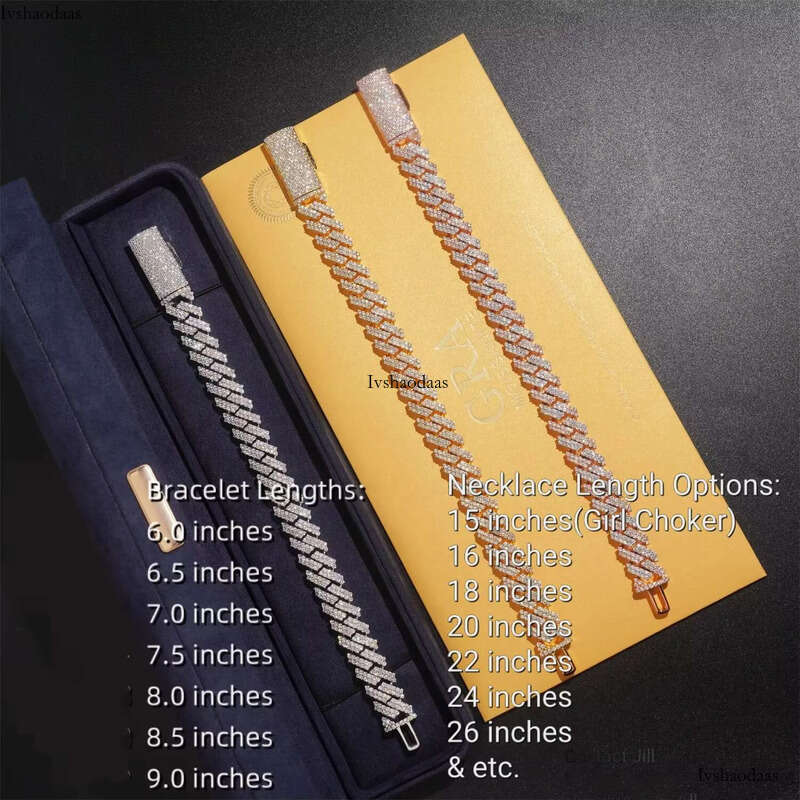 Ready Made Leading Factory Direct Sale 12mm Cuban Link Moissanite 2 Row Prong Chain Pass Dia Tester GRA Certification