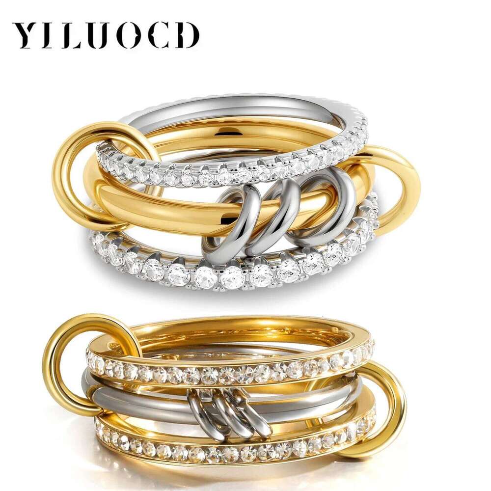 New Stainless Steel Cubic Zirconia Stackable Rings for Women GoldPlating Multi-Link Connected Statement Ring Stack Jewelry