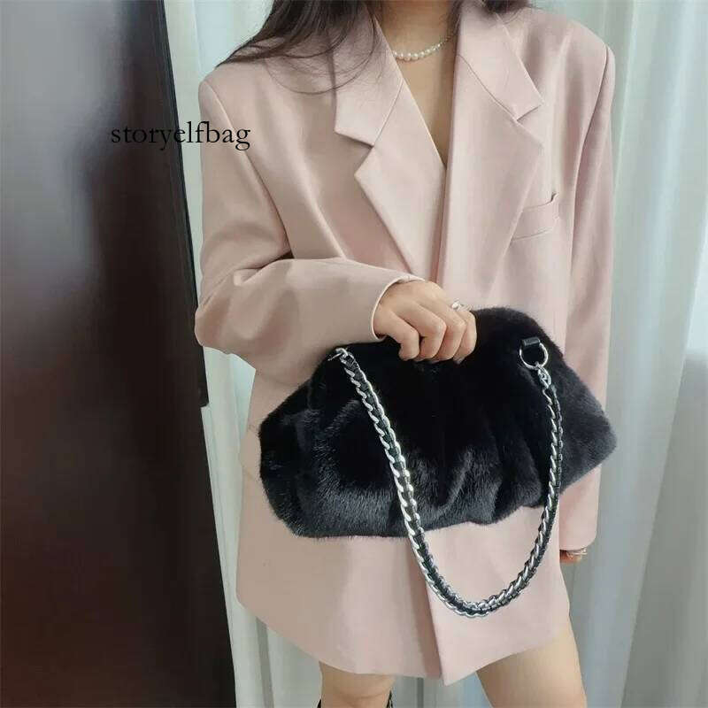 Fluffy Plush Dumpling Bags for Women Handbags Faux Mink Fur Pouch Ruched Shoulder Bag Winter Warm Soft Cloud Clutch