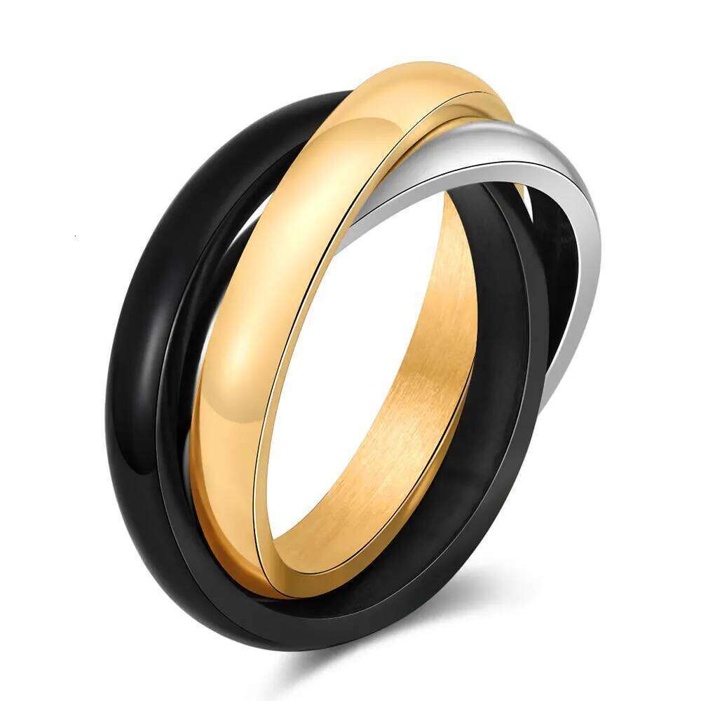HNSP Stainless Steel Three Circle Ring For Women Girl Finger Jewelry Accessories Anti-fading Waterproof US Size 6-9