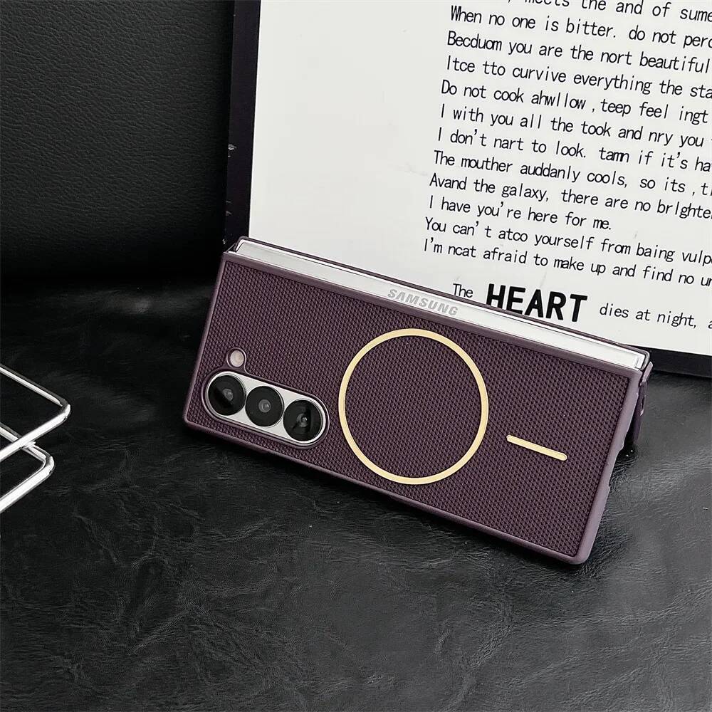 Magnetic Phone Case For Samsung Z Fold 7 6 5 4 3 5G Rhombus Texture PU Leather Hard PC Protective Cover