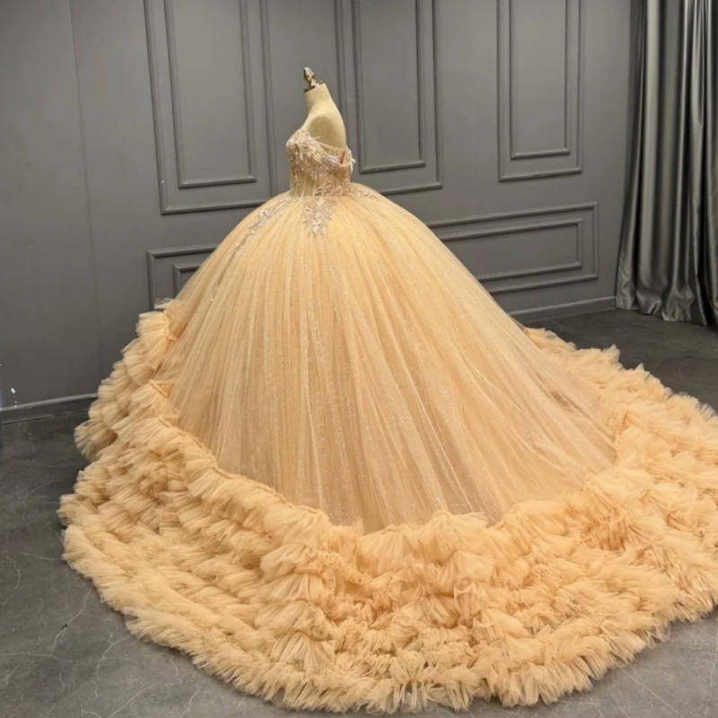 Champagne Shiny Quinceanera Dresses Off The Shoulder Sequin Applique Lace Beading Tiered Tull Party Birthday Sweet 16 Dress Vestidos 15 De Anos