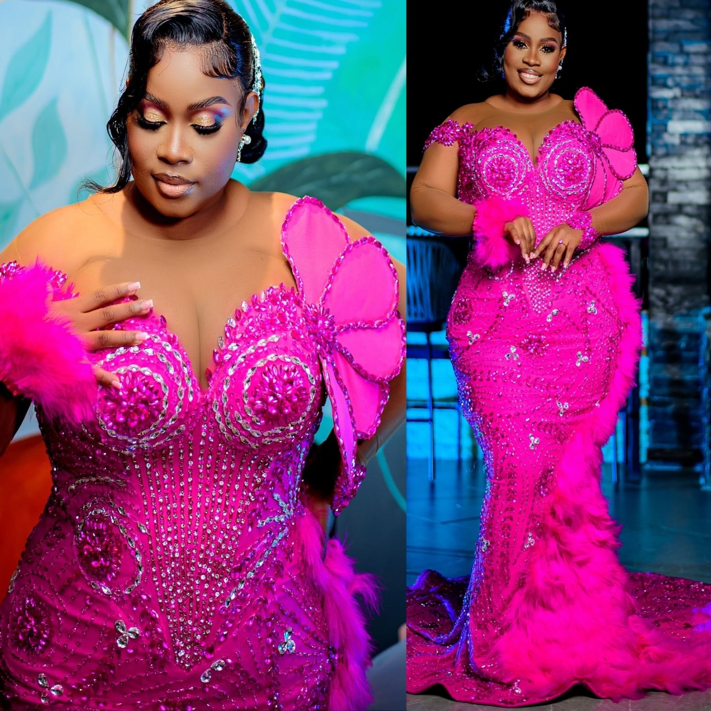 Mermaid Fuchsia Prom Dresses 2025 Beaded Crystals Feather Florals Evening Formal Party Second Birthday Engagement Gowns Plus Size Dress For Special Oc