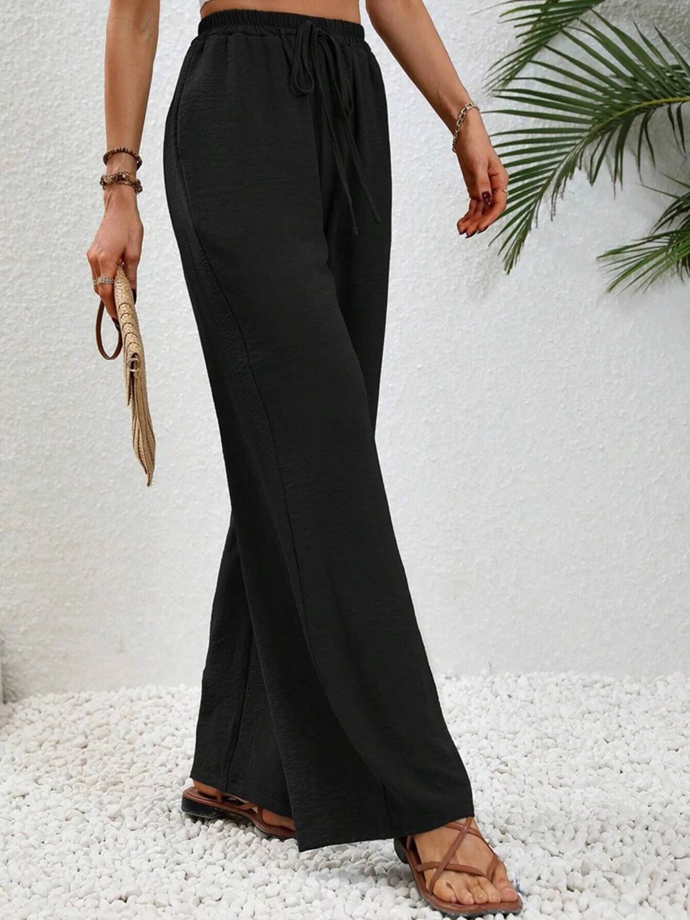 Women's Spring/Summer/Autumn New Solid Color Ice Silk Wide Leg Loose Casual Pants dongdumaoyi