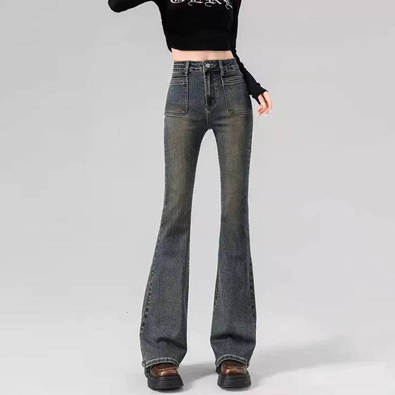 Spring Woman High Waist Vintage Flare Jeans Girls Korean Y2k 2000s Bell Bottom Pants Female Streetwear Gray Blue Denim Trousers dongdumaoyi