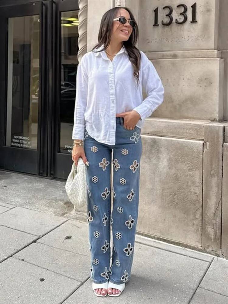 Chic Pearl Flower Cut Out Denim Jeans Pant Women's High Waist Wide Leg Trousers Y2K Style Summer Streetwear Party Casual Pants dongdumaoyi