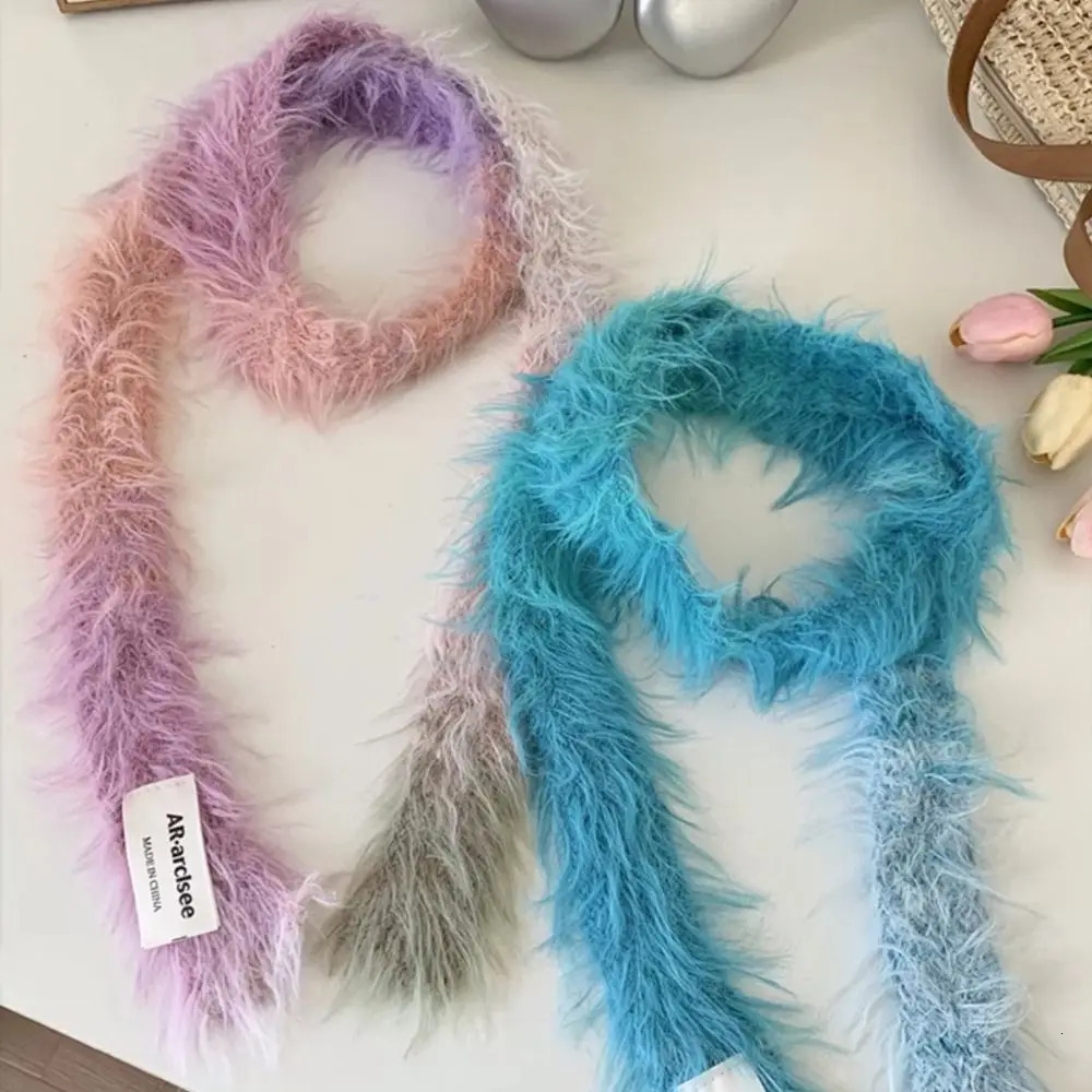 Sweet Korean Style Y2K Thin Scarf Rainbow Color Soft Long N Scarves Faux Fur Neck Warmer Harajuku Plush Scarf Female 250929
