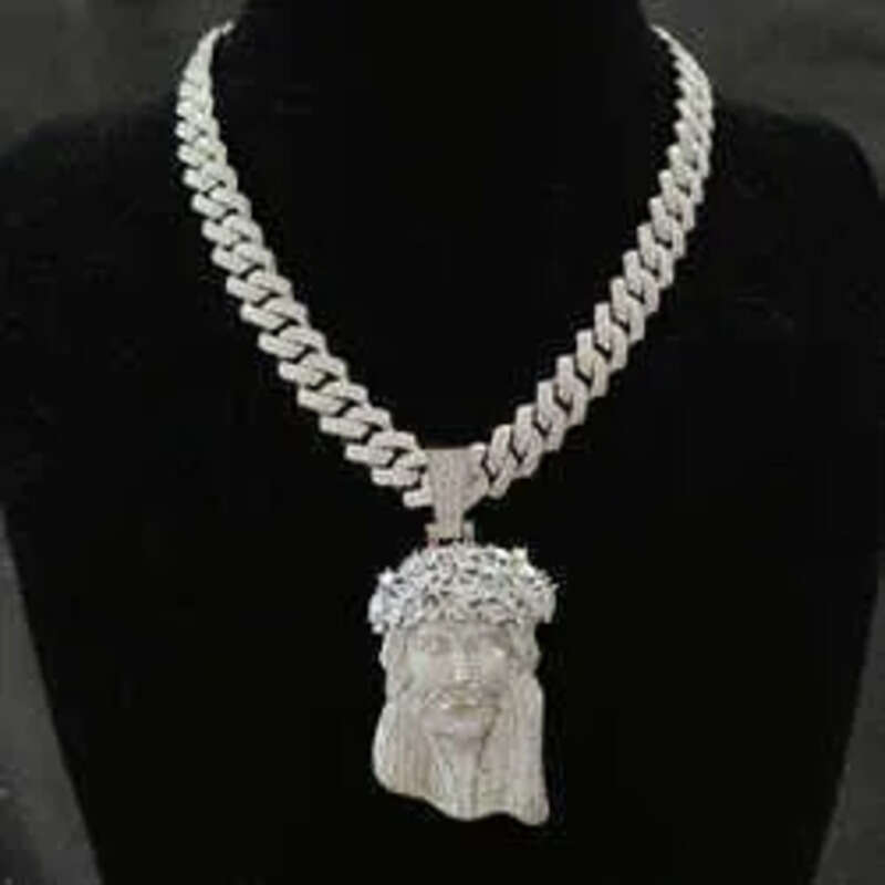necklace moissanite chain Jesus Pendant with 13mm Moissanite Cuban Chain Necklace Hip Hop Jewelry for Men Gift