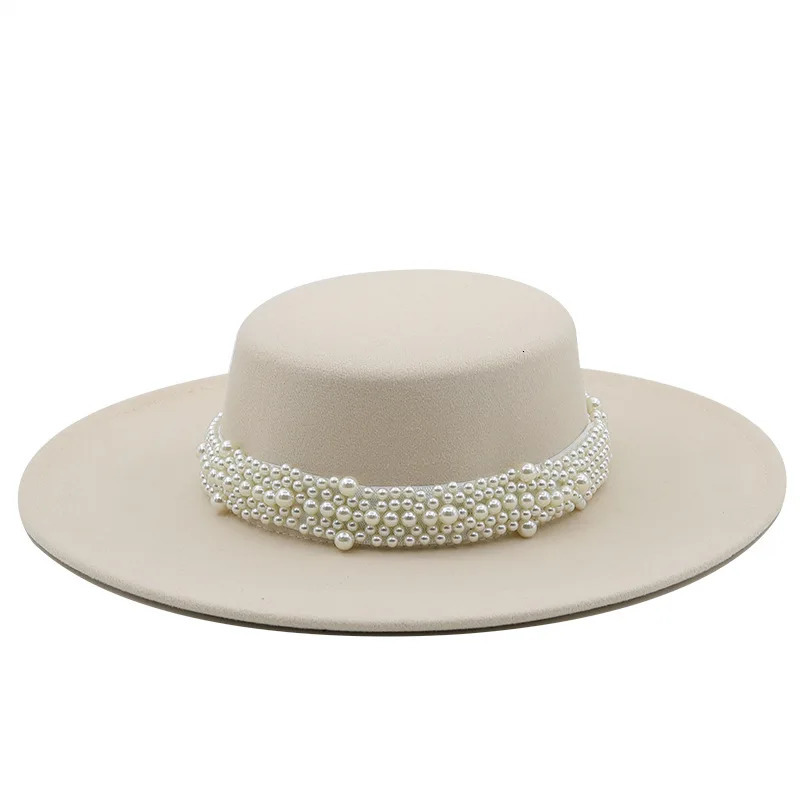 French Socialite Style Pearl Chain White Flat Top Fedora Hats for Women Autumn Spring Big Brim Boater Top Hat for Party Wedding 250930