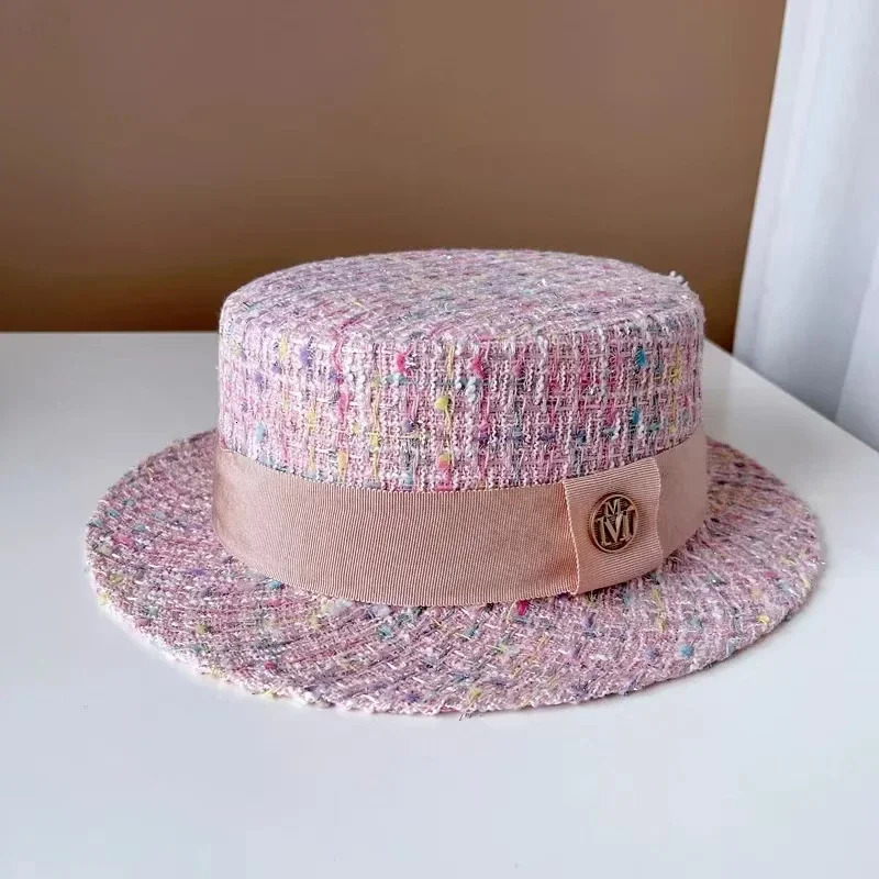 Europe and America xiao xiang style pearl flat top color jacquard hat pink tweed top hat womens autumn and winter fashion hats 250930