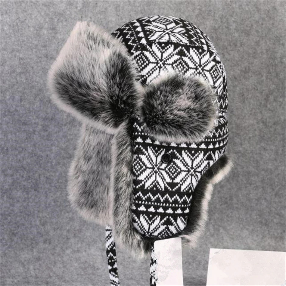 BUTTERMERE Russian Fur Hat Ushanka Black White Bomber Hats Male Female Ear Flaps Winter Thick Warm Knitting Outdoor Trapper Hat 250929