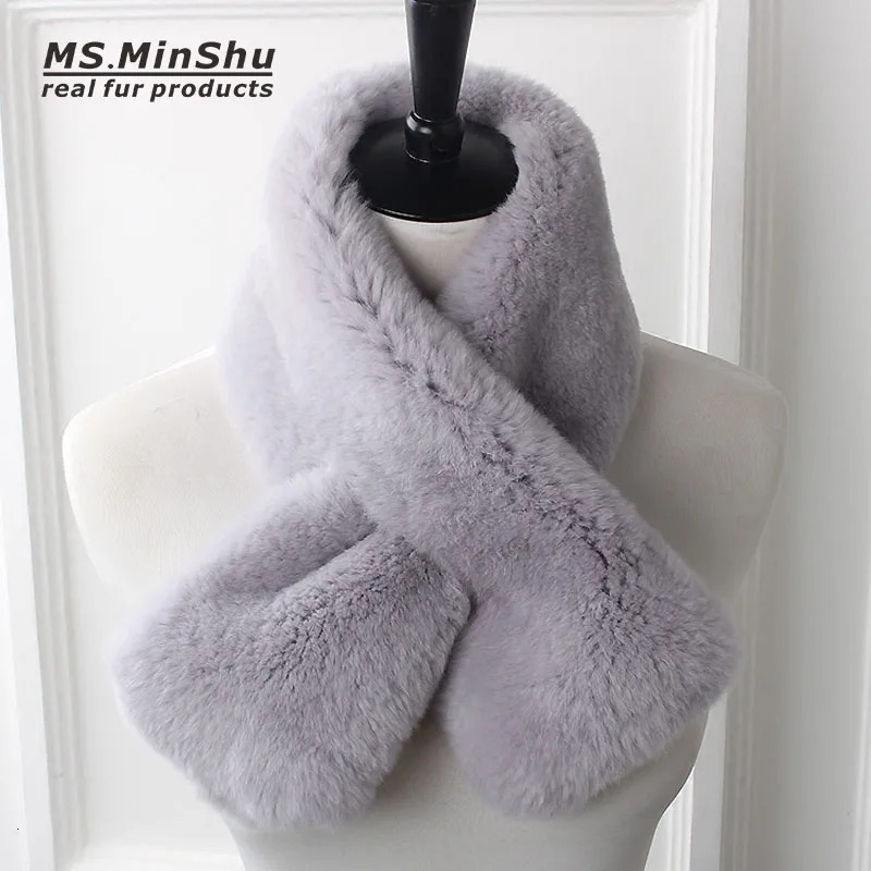 MSMinShuGenuine Rex Rabbit Fur Scarf for Women Short Style Double Faced Fur Neck Warmer for Lady Winter Fashion 250930