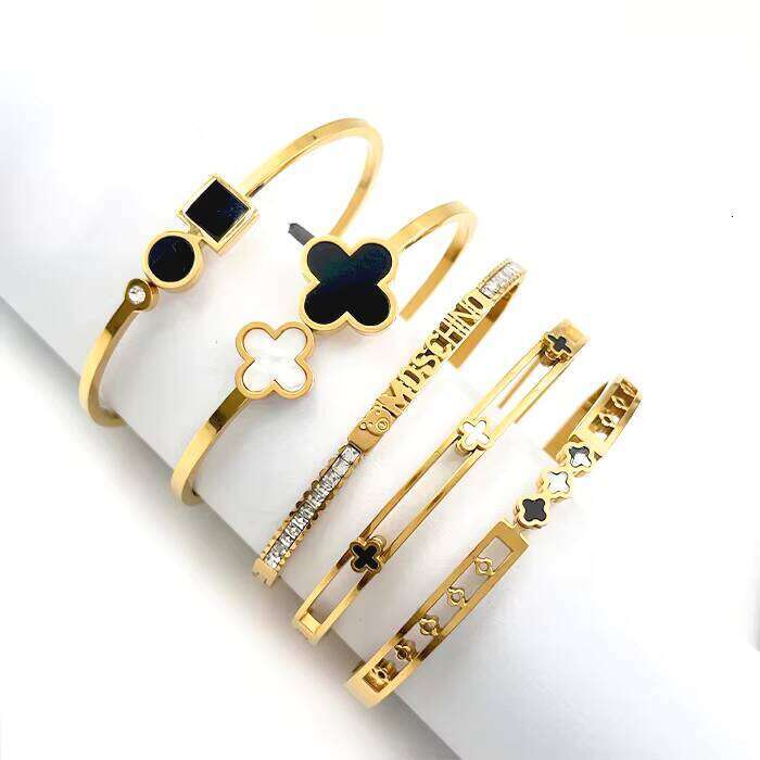 Fatingna sterling silver Open Jewelry Lucky Gold clover Bangle Cuff Women's Bracelet