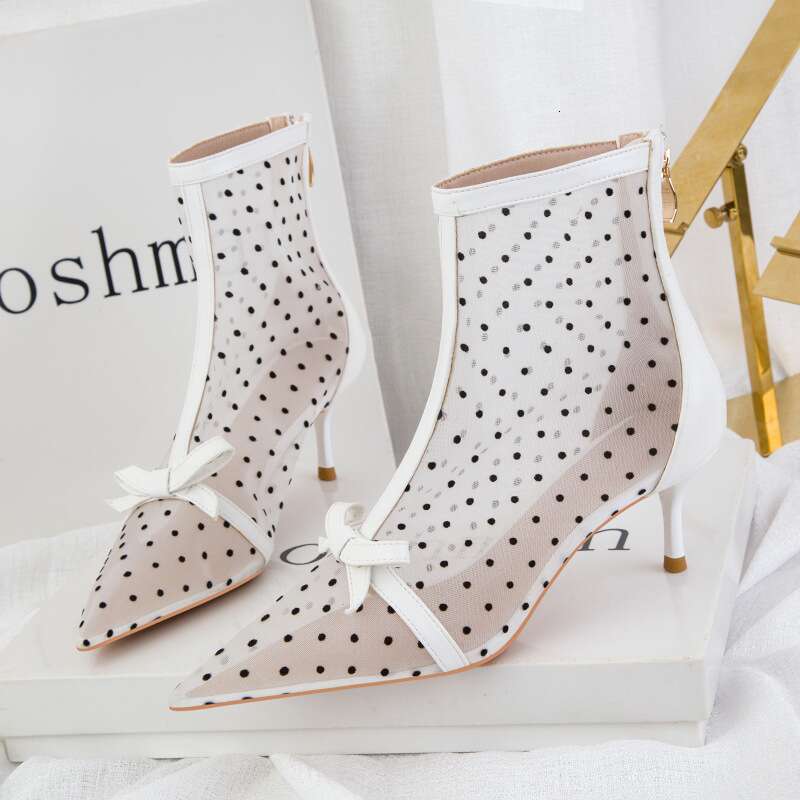 Women's Pumps Version Of Sweet Slimming See-Through Dot Mesh Hollow Shoes For Women Stiletto High-Heeled Pointed Toe Short Boots