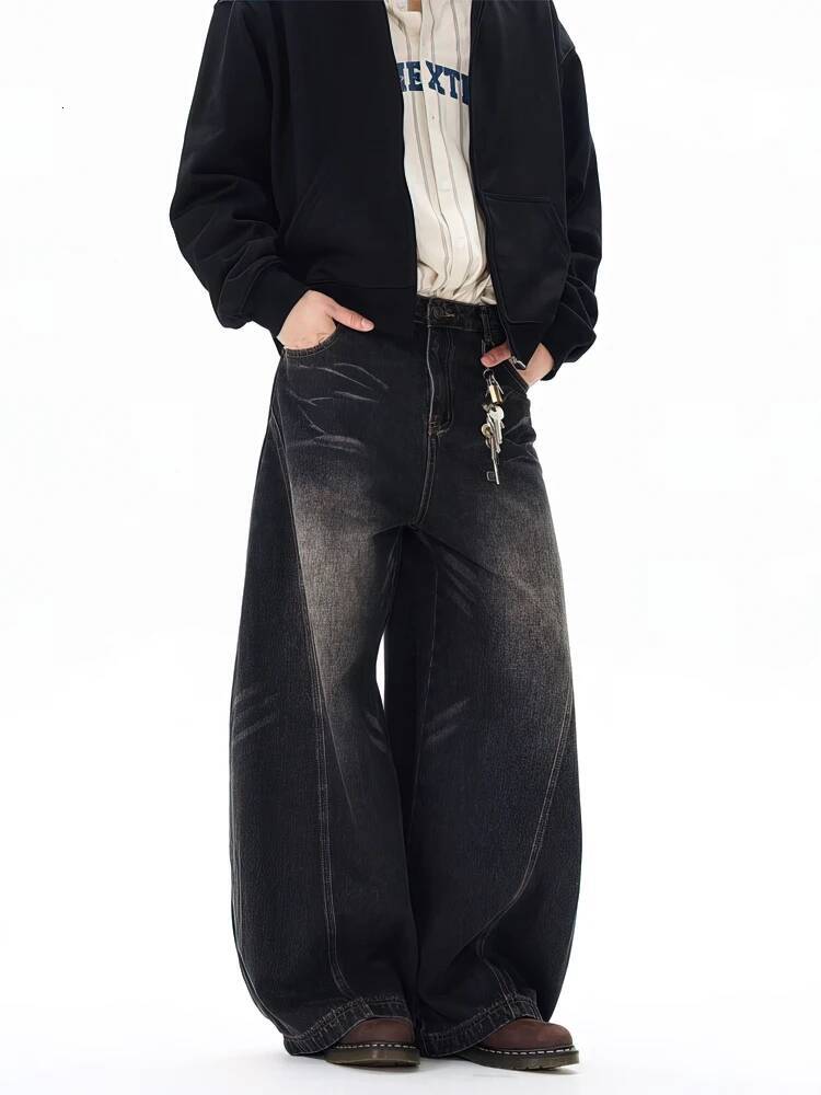 Vintage Black Washed Baggy Jeans Men Wide leg Curved Blade Pants Streetwear Cowboy Casual Denim Straight Trousers dongdumaoyi
