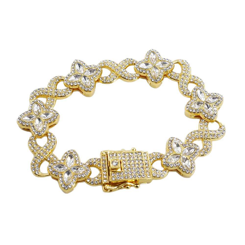 2025 Hot Sale Hip Hop Four-Leaf Clover 8 Cuban Link Necklace Ice Blue Moissanite Infinite Rectangular Link Brace for Men and Women