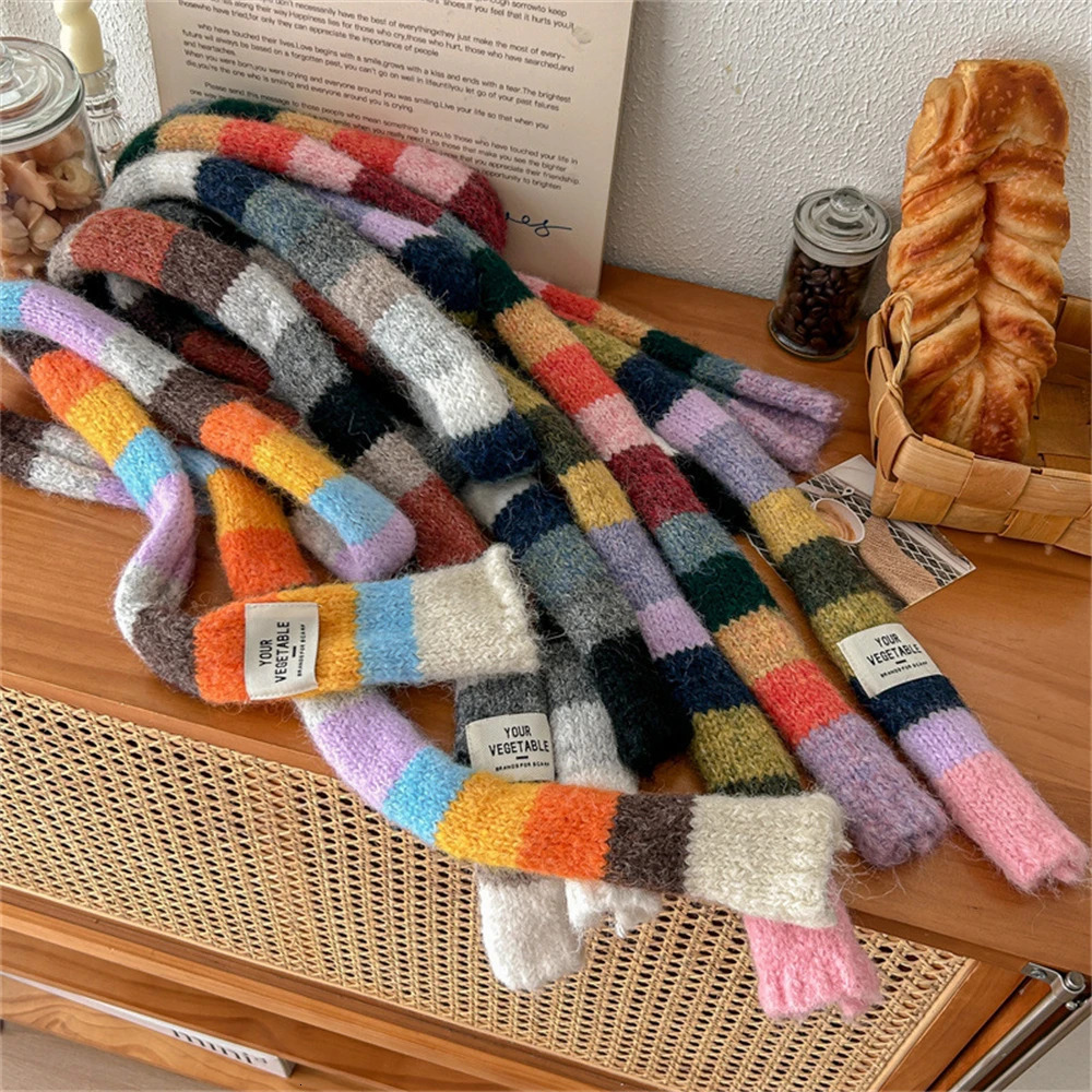 Women Rainbow Stripe Knitted Scarf Patchwork Clashing Colors Long Soft Scarves Female Winter Premium Feeling Weenie Scarf Shawl 250930