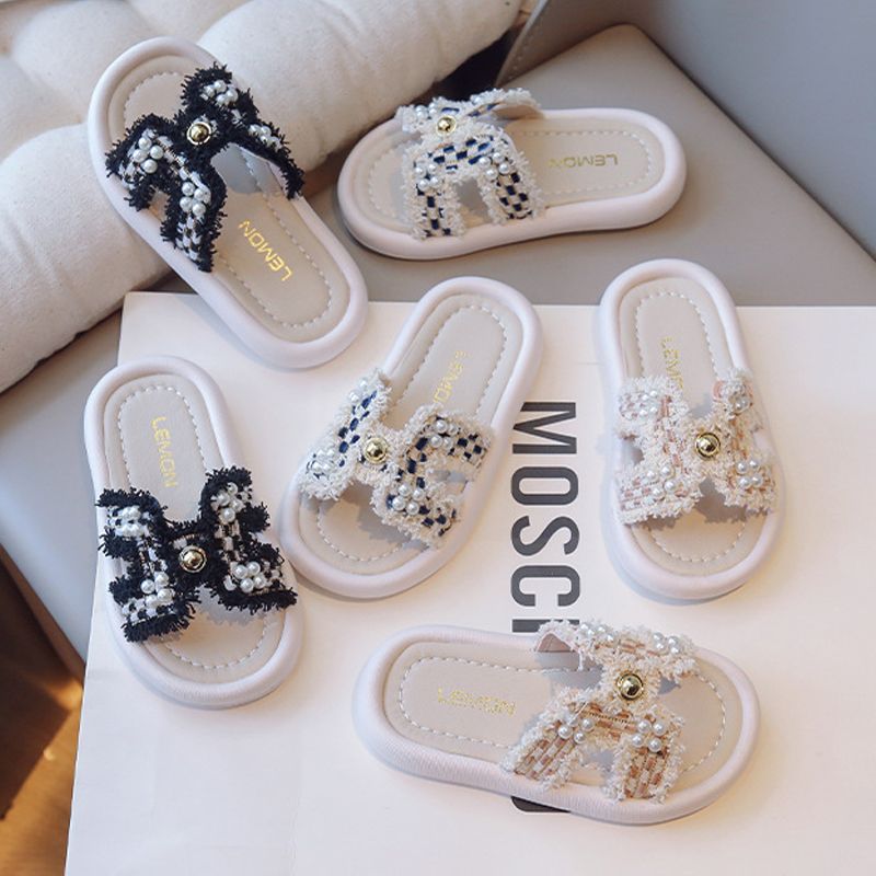 Kids Slippers Designer Shoes Summer Girls Toddlers Slippers Kidszworld with Peals Princess Flip-flops Students Children's Slippers Size 21 - 35 U