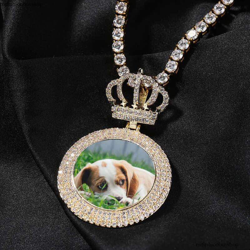 Custom Photo Pendant Necklace Crown Clasp Round Memorial Frame Medal Pendants