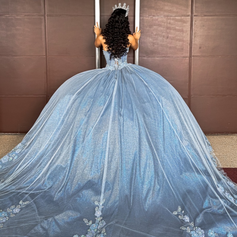Sky Blue Shiny Quinceanera Dresses Off The Shoulder Sequin Applique Lace Beads Corset Tull Party Birthday Sweet 16 Dress Vestidos 15 De Anos