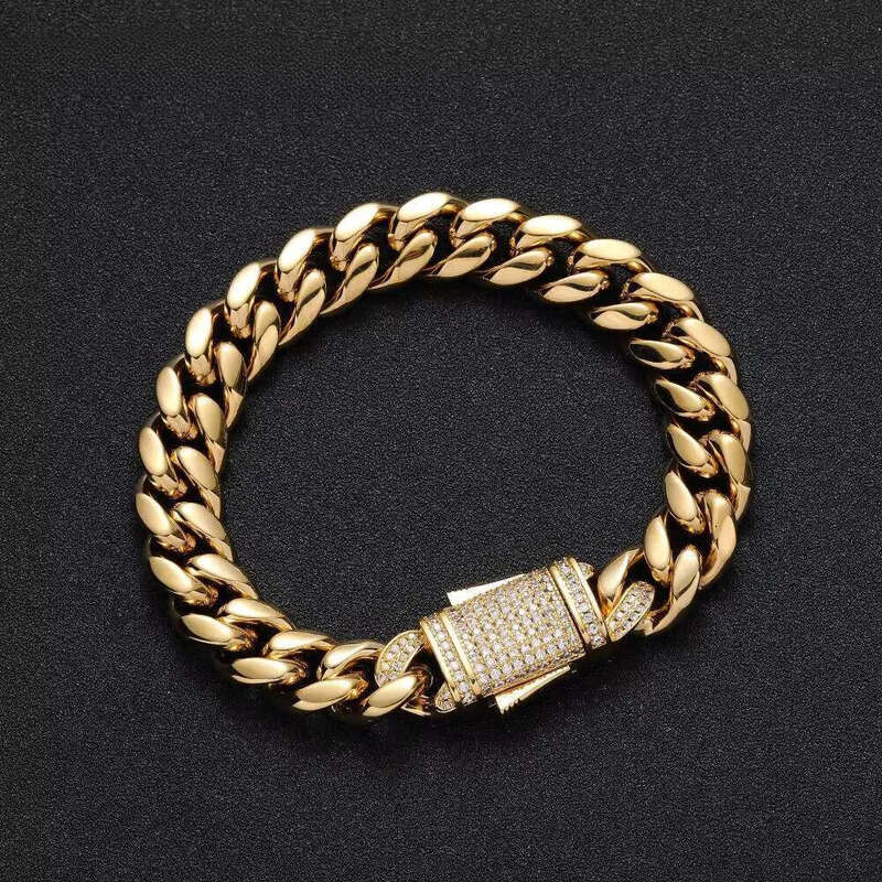 DHCollections 12mm Hip Hope Jewelry Brass Inlaid Ice Out Zircon Cuban Chain Bracelet