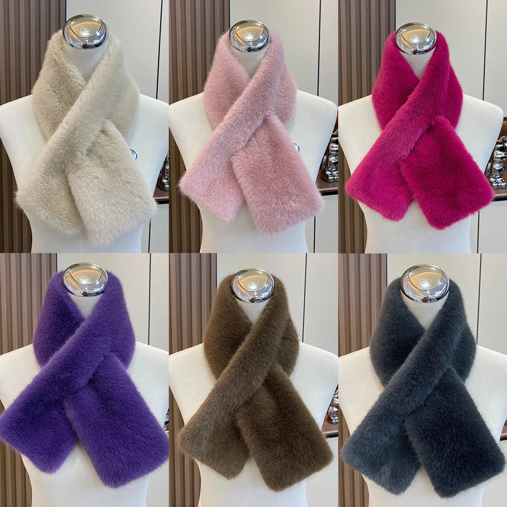 Korean Winter Faux Rabbit Fur Women Scarf Doublesided Soft Plush Snood Scarves Solid Neck Collar Warmer Stuff Christmas Gift 250929