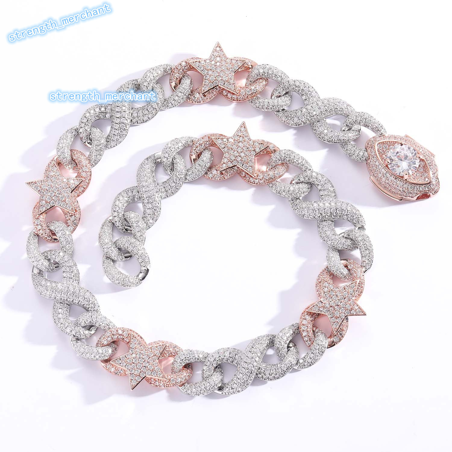 Wholesale Mens TwoTone Silver and Iced Out Moissanite Stars Moon Eyes Necklace with Cuban Link Chain Main Stone