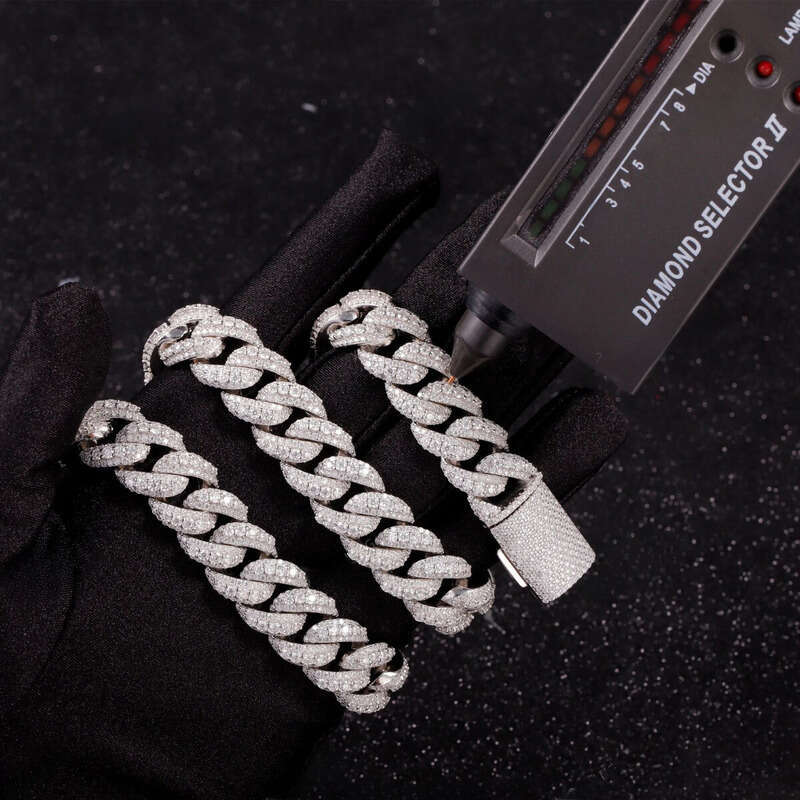 Handmade Jewelry 14mm 18mm 3row Hip Hop Necklace Sterg Sier with Round Brilliant Cut Moissanite Cuban Chain