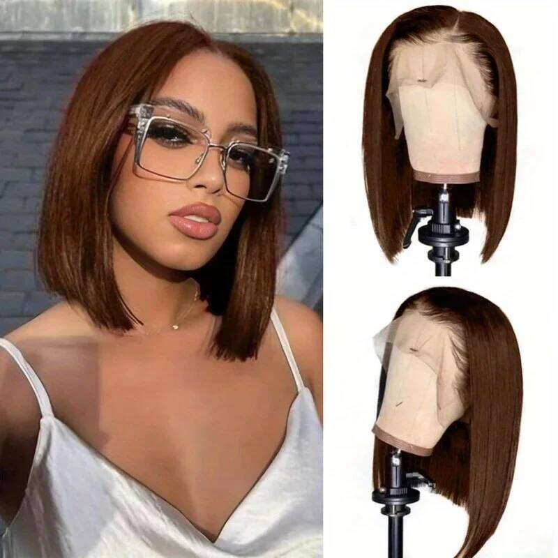 Chocolate Brown Short Bob Bone Straight200 Densitybrazilian 13X4 HD Transparent Lace Front Human Hair Wig For Women Xiusiyuan2510