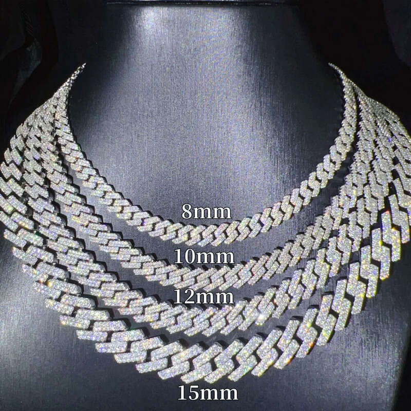 Iced out vvs 2 rows miami gold necklace sterling sier dia moissanite cuban link chain