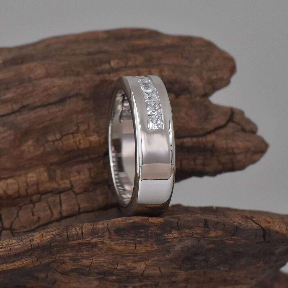 Newshe Sterling Sier Moissanite Mens Wedding Band Half Eternity Princess Cut Lab Created Dia Ring Jewelry