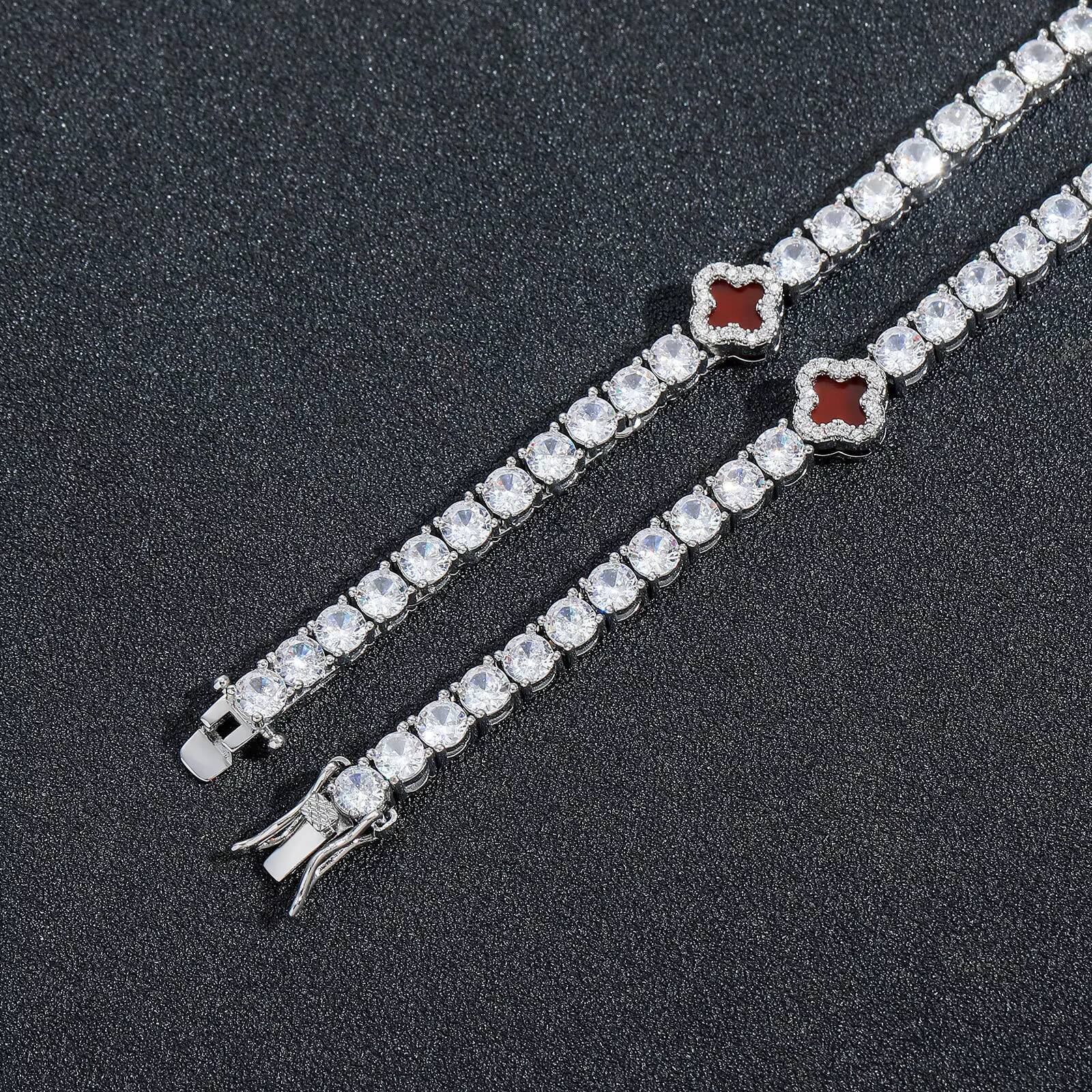 Fashion Hip Hop 4 MM Lucky 4Leaf Shape Tennis Chain Necklace Iced Out Zircon Gold Plated Necklace Jewelry for Women Party