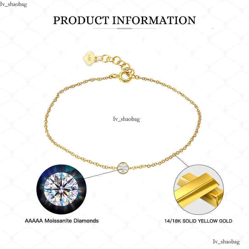 GB17 RINNTIN 14K Solid Yellow Gold Lobster Clasp Strand Cut Cable Chain Solitaire Bezel Set Moissanite Dia Bracelet