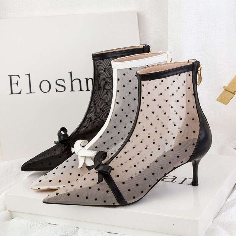 Women's Pumps Version Of Sweet Slimming See-Through Dot Mesh Hollow Shoes For Women Stiletto High-Heeled Pointed Toe Short Boots