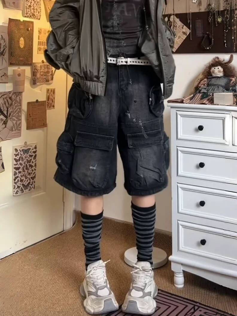 American street oversized washed vintage multi pocket women workwear denim shorts high waisted straight leg pants dongdumaoyi