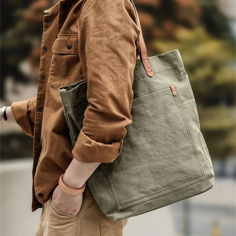 Vintage canvas genuine leather men's tote outdoor work laptop Crossbody shoulder bag travel large capacity handbag high-quality