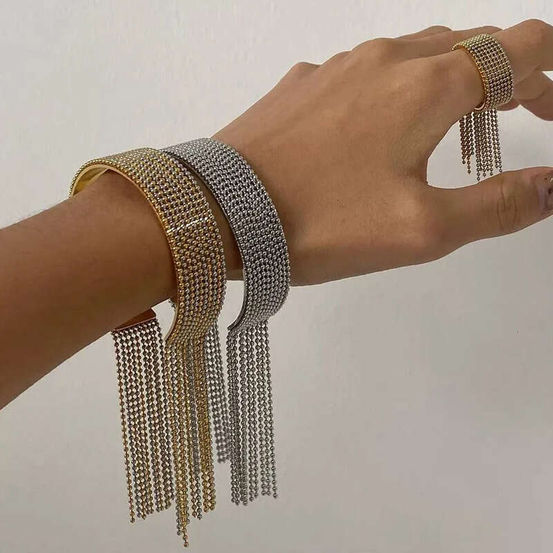 2025 Designer Gold Plated Stainless Steel Two Tone Chain Tassel Bracelet Adjustable Ring Set Stylish Jewelry for Gift
