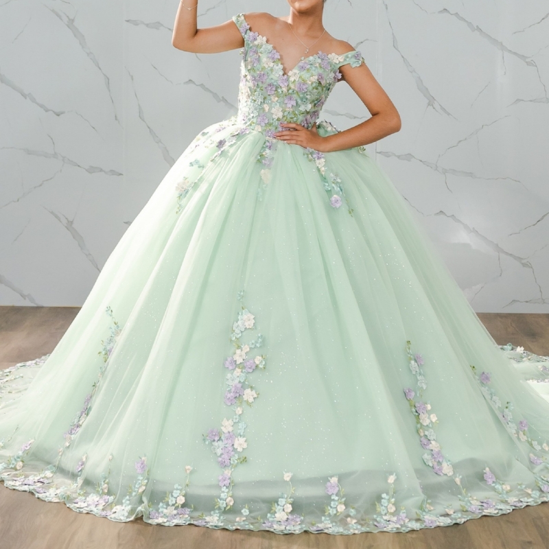 Light Green Shiny Quinceanera Dresses Off The Shoulder Applique Lace Beading Tull Party Birthday Sweet 16 Dress Vestidos 15 De Anos