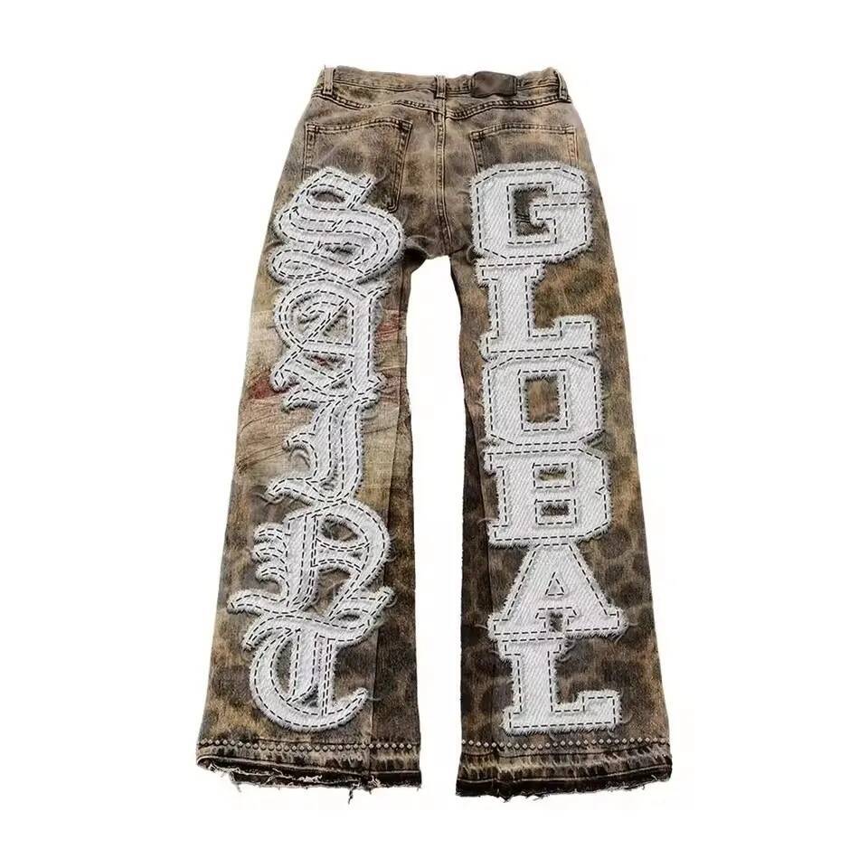 American Retro Camouflage Leopard Y2K Mens Womens Hip Hop Letters Patch Embroidery Baggy Jeans Mid Waist Wide Leg Trousers dongdumaoyi