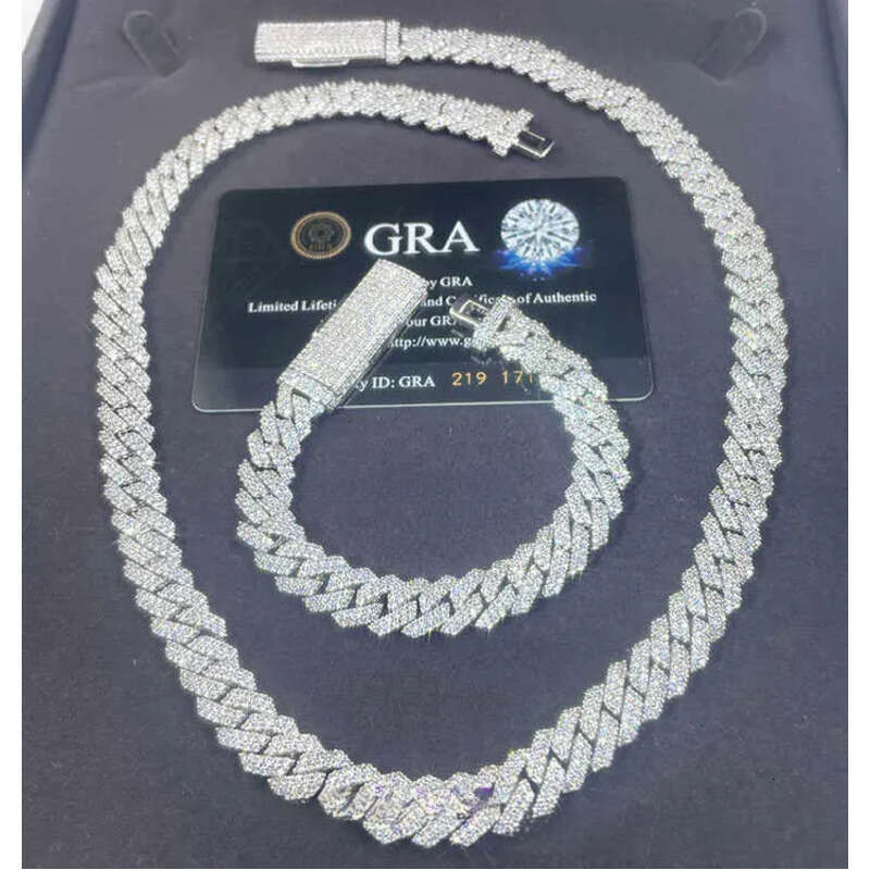 S Solid Sier Chain Jewelry 2rows 10mm 12mm Width GRA Moissanite Dia Cuban k chain Hip Hop Necklace