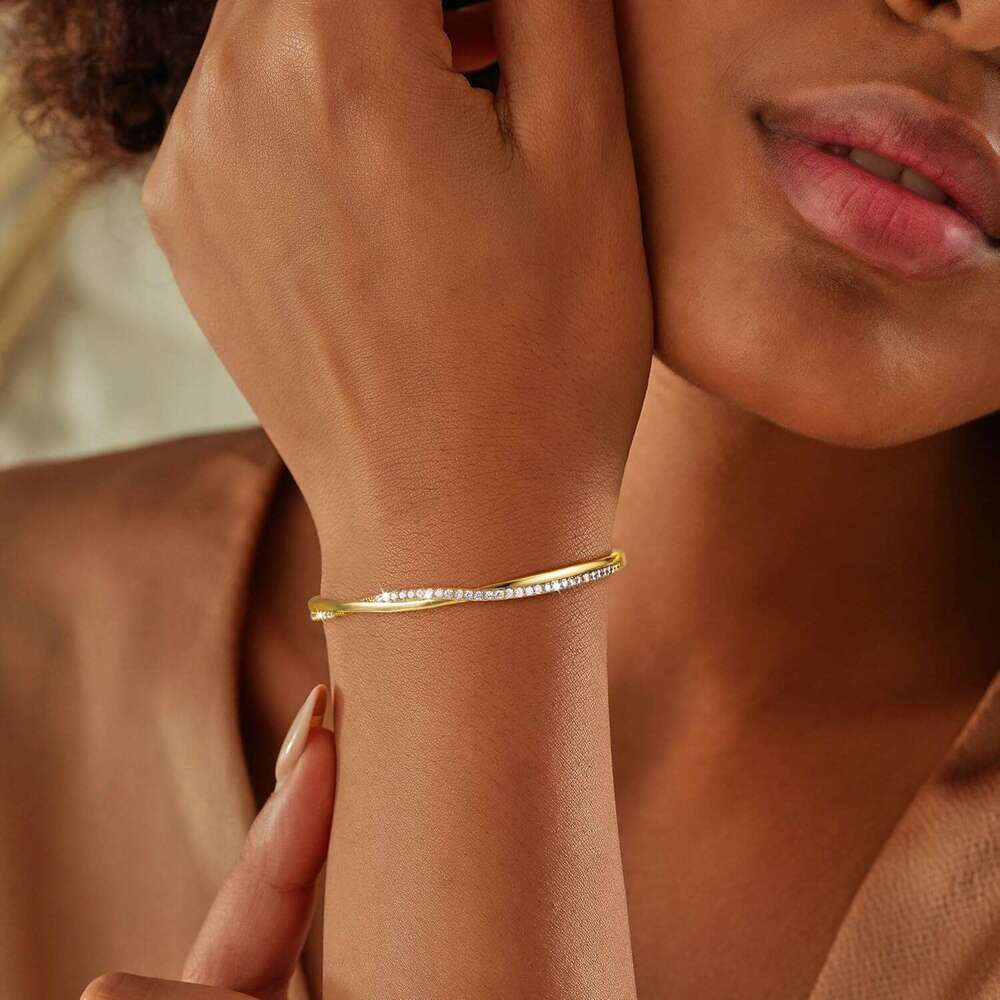 Cuff Trendy, 14k Plated/Sier Bangle Bracelets Dainty Gold Bangles Cubic Zirconia Adjustable Wave Bracelet Fashion Jewelry Gift for Women Teen Girl