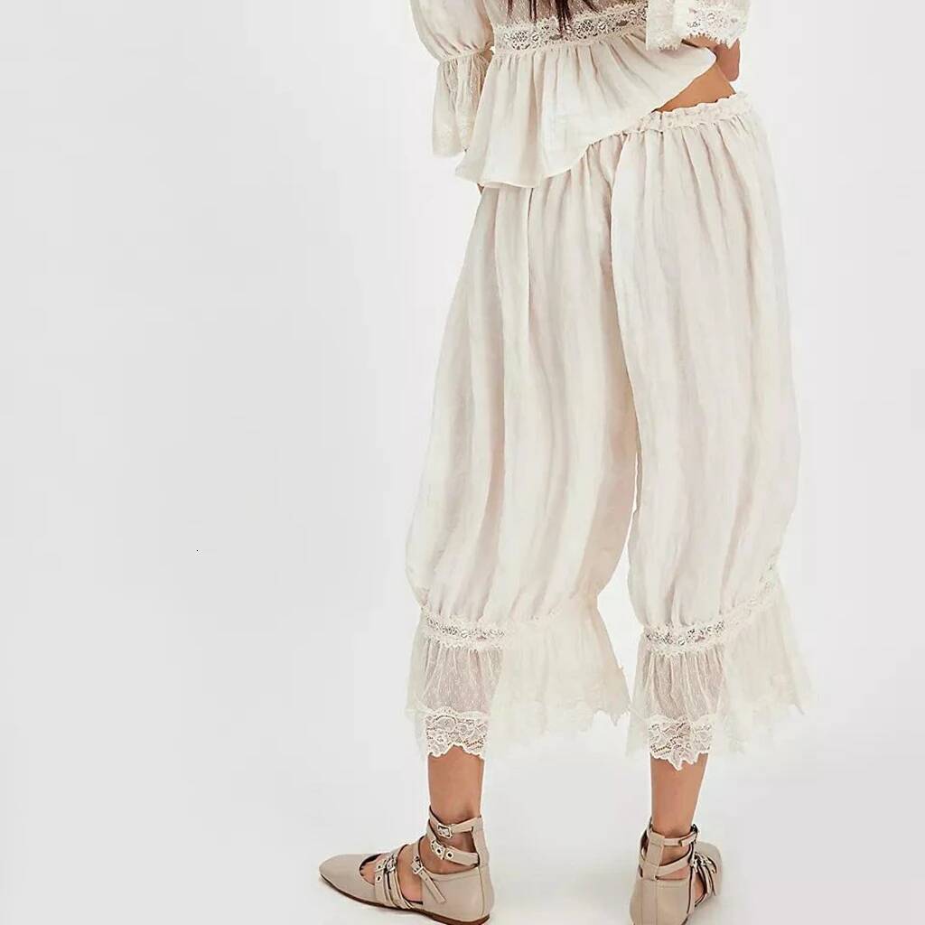 Women's Y2K Loose Fit Bloomers Cropped Pants Drawstring High Waist Floral Lace Patchwork Calf-Length Lantern Trousers dongdumaoyi