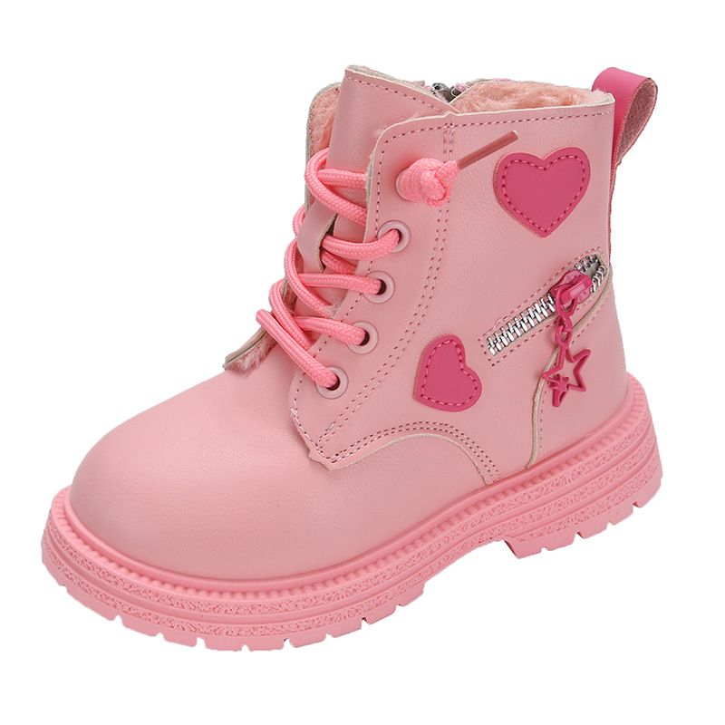 Girls Ankle Boots Fashion Princess Kids PU Leather Rubber Outsole Toddler Children's Short Boots Autumn Winter Zipper Pink with Love Heart Sizes 